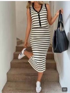 Sleeveless Striped Midi Dress in Cream and Black 2 piece set